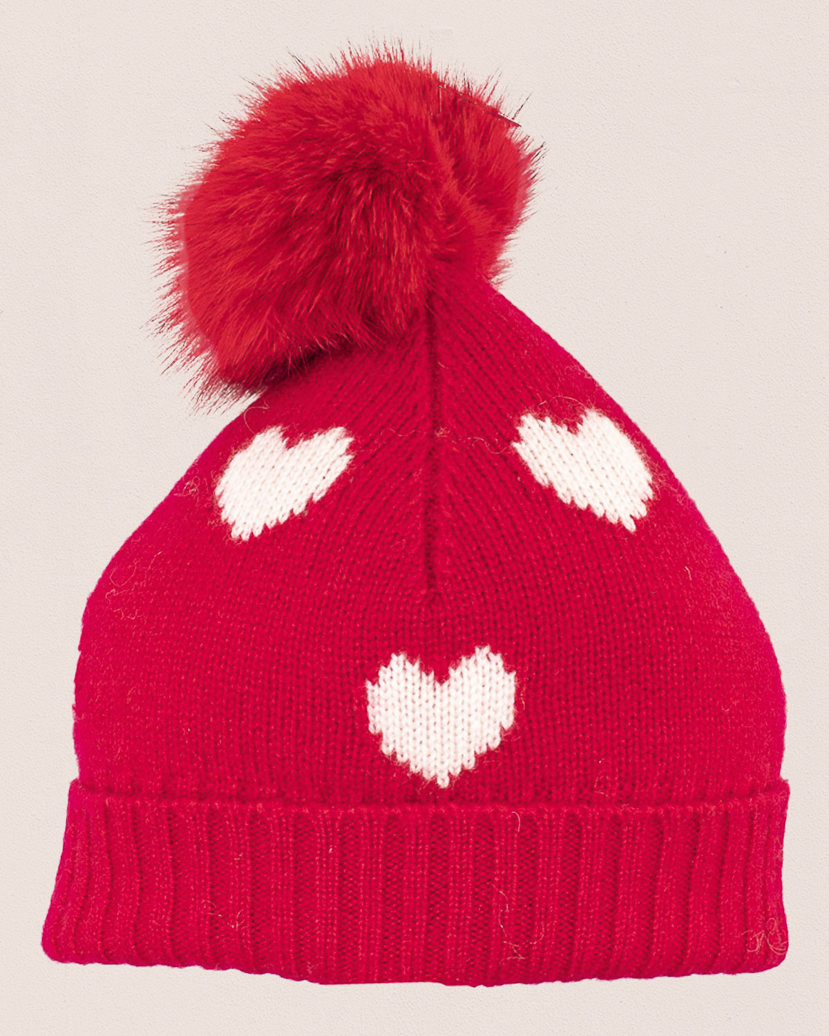 Hearts Red Cashmere Fur Pom-Pom Hat